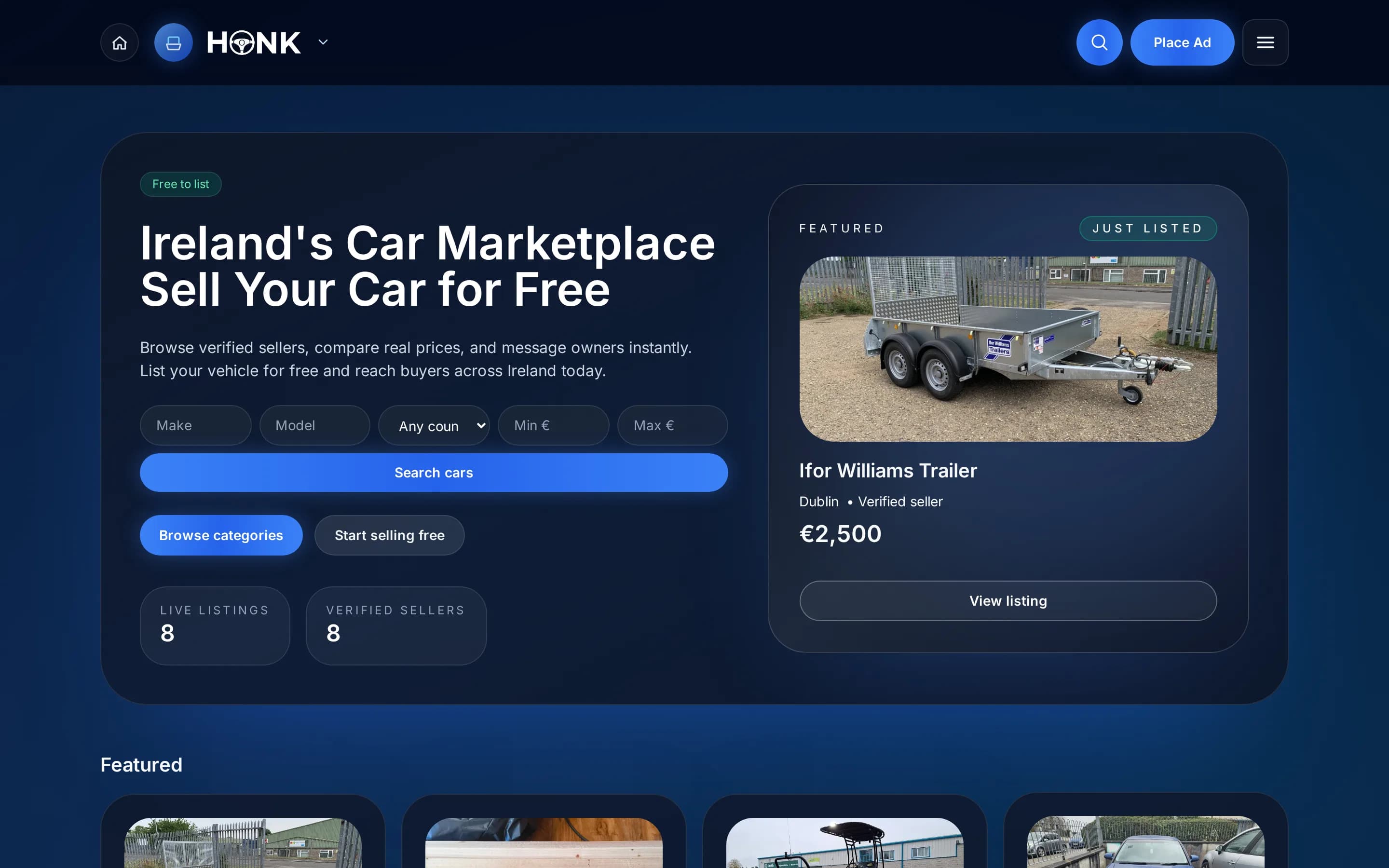 Honk homepage showing search and featured vehicle listings